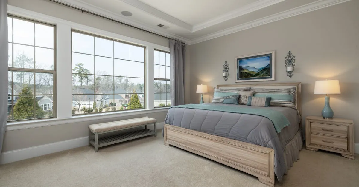 Spacious, well-lit bedroom with modern decor and large windows overlooking a neighborhood.